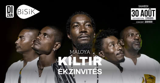 Bisik avec Kiltir  &eacute;k zinvit&eacute; et J-Zeus Maloya lamour Samedi 30 Ao&ucirc;t 2025 &agrave; 19H . Bisik, vous invite en effet &agrave; une soir&eacute;e an Kabar m&eacute;morable avec le groupe Kiltir. Kalprod Radio 